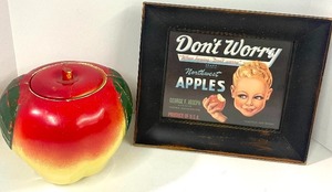 lot 65 image: Vintage Apple Cookie Jar and Repurposed Frame Tray