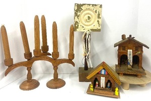 lot 68 image: Vintage Wood Decor Wood Candles and Candlesticks, Weather Readers