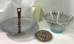 lot 71 image: MCM Glass Bowl, Mirro Chrome Tray and Red Wing Base