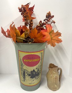lot 104 image: Maple Syrup Bucket with Fall Floral and Vintage Rooster Pitcher Pottery