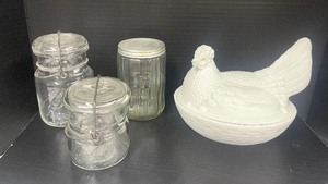 lot 6 image: Milk Glass Hen and Mason Jars
