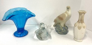 lot 75 image: Vintage Blue Art Glass Vase and Porcelain Figures and Decor