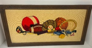 lot 76 image: Vintage Handmade Crewel Embroidery Framed Picture Sports Themed 1970s