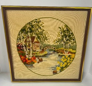 lot 77 image: Framed and Matted Crewel Embroidery Picture Craft Kit Art Bridge and Flowers