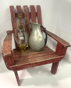 lot 78 image: Vintage Childs Adirondack Chair and Unique Oversized Light Bulb with Depression Glass