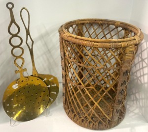 lot 13 image: Large Brass Skimmer, Ladles Farmhouse Decor BOHO decor and wicket basket