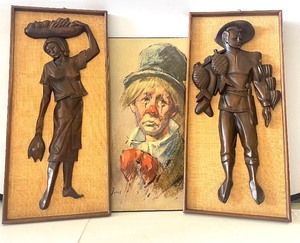 lot 82 image: Mid Century Wall Decor Wall Hangings Clown Art and Philippines Carved Wood and Burlap Art