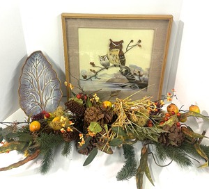 lot 15 image: Unique Framed Owl Picture, Pottery Leaf Bowl and Fall Floral