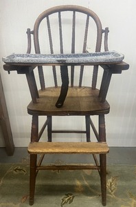 lot 107 image: Antique Vintage Wood High Chair with Enamel Tray