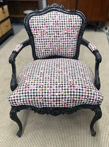 lot 123 image: Vintage Upholstered Arm Chair Black and Pink Gingham and Floral