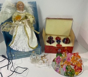 lot 85 image: Lot of Christmas Decor Angel Topper Resin Nativity, Blown Glass Ornaments