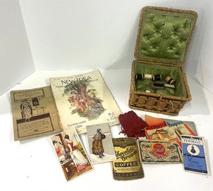 lot 100 image: True Vintage Antique Sewing Box with Vintage Promotional Sewing Giveaways