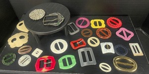 lot 149 image: Lot of Vintage Belt Buckle Slides and Rhinestone Button