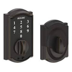 lot 13 image: Schlage Camelot Aged Bronze Electronic Touch Keyless Touchscreen Deadbolt with Thumbturn Customer Returns See Pictures