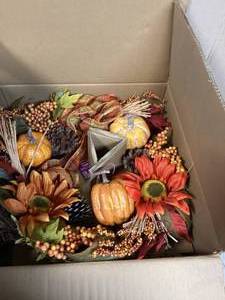 lot 28 image: Lot of 22 in. Sunflower Pumpkin Wreath with Plaid Bow  Customer Returns See Pictures