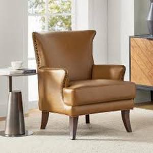 lot 63 image: JAYDEN CREATION Laurenz Camel Vegan Leather Armchair with Nailhead Trim  Customer Returns See Pictures