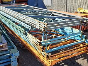 Lot of (10) Tear Drop Style Pallet Racking Uprights - 14x42 (x3), 12x42 (x1), 14x42 (x3) and 16x42 (x3)