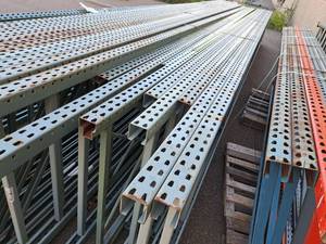 Lot of (7) New Style Pallet Racking Uprights - 30x42 (x2), 28x42 (x2), 24x42 (x1), 29x42 (x1) and 28x42 (x1)