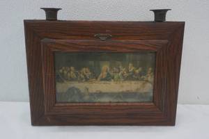 lot 6 image: antique Catholic last rites storage box and candle holder