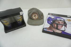 lot 98 image: Minnesota Vikings glasses, hat and fan helmet