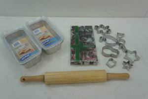 lot 153 image: New loaf pans and cookie cutters, rolling pin