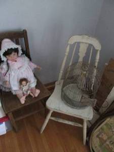 Vintage Wood chairs, porcelain doll...