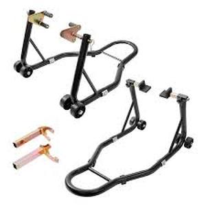 lot 29 image: VEVOR Motorcycle Stand Lift 850 lbs. Front Rear Lift Stand Wheel Fork Stand Swingarm Spool for Yamaha Honda Suzuki, Black  Customer Returns See Pictures