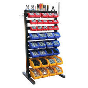 lot 42 image: Black 8-Tier Haning Bin Storage System Garage Storage Rack (35 Plastic Bins in 8 Tier)    Customer Returns See Pictures