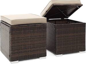 2 Pieces Patio Ottomans, Patiojoy Hand-Woven PE Rattan Side Table with Removable Cushion & Hidden Storage Space