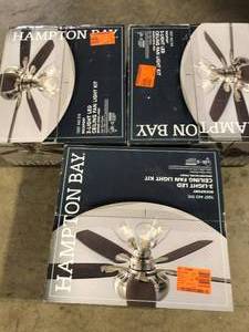 Lot of 3 Hampton Bay 3 Light Ceiling Fan Kits customer return see pictures