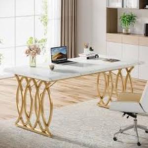 Halseey 63 in. Rectangular White Gold Large Wood Computer Desk, Modern Executive Office Desk Conference Table