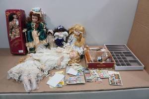 lot 327 image: Assorted Collectables -Porcelain Dolls, Stamps, Bottles