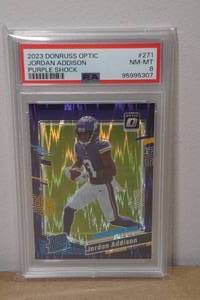 lot 2F image: 2023 Optic Jordan Addison Purple Shock #271 Rookie Football Card - PSA 8