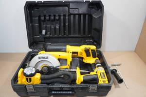 lot 20 image: DeWalt Tool Set with Hard Case -Saws, Work Light, Drill