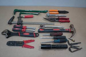 lot 156 image: Assorted Tools -Screwdivers, Hammer, Wire Stripper, Crow Bar
