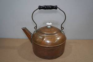lot 203 image: Antique Copper and Brass Tea Pot with Wood Handle