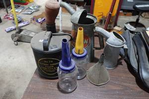lot 199 image: Vintage Battery Service Filler with Oil Cans