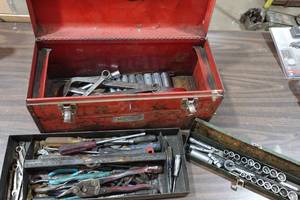 lot 238 image: Toolbox with Tools - Channellock Pliers, Craftsman Sockets