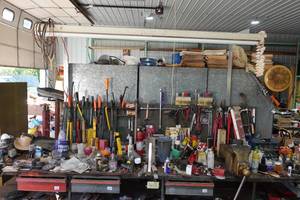 lot 249 image: Contents of Bench - Pry Bars, Cutters, Fasteners - Large Vise NOT Included