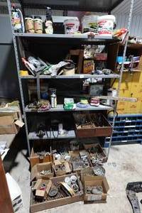 lot 523 image: Metal Shelf with Contents - Fasteners, Pest Poison, Automotive