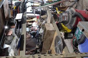lot 602 image: Contents of Shelves - Shop Vac, Wiring, Hoses, Camping Forks