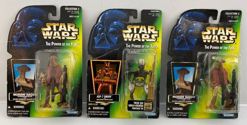 lot 10 image: Misc. STAR WARS Power Of The Force Action Figures (NIB) Packaging Beat Up A Little