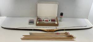 lot 97 image: Vintage Bear Cub Recurve Bow, Arrow Blanks & Gun Cleaning Kits