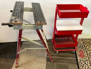 lot 99 image: Portable Work table & Three Basket Rolling Metal Cart