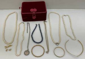 lot 113 image: Vintage Misc. Costume Jewelry & Two Pearl Necklaces (Tied Knots Between Each Pearl)