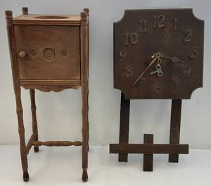 lot 39 image: Vintage Wooden Smoke Stand & Mission Style Key Wind Clock With Key