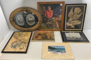 lot 44 image: Misc. Vintage Framed Prints Including Oval Bubble Glass Frame