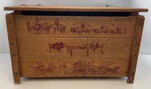 lot 55 image: Vintage Wooden Toy Box With Cowboys & Indians Design (Needs Screws In Hinges) 32 L x 18 W x 19 H