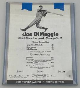lot 70 image: Joe Dimaggios Personal Collection 1970 Joe DiMaggio Menu  8 x 11 From 1st International Joe Dimaggio Restaurant With Letter Of Provenance Signed By Granddaughters