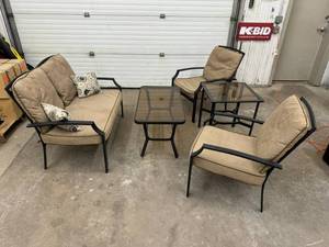 lot 17 image: Outdoor Patio Set w Couch, Chairs, Cushions, and Tables